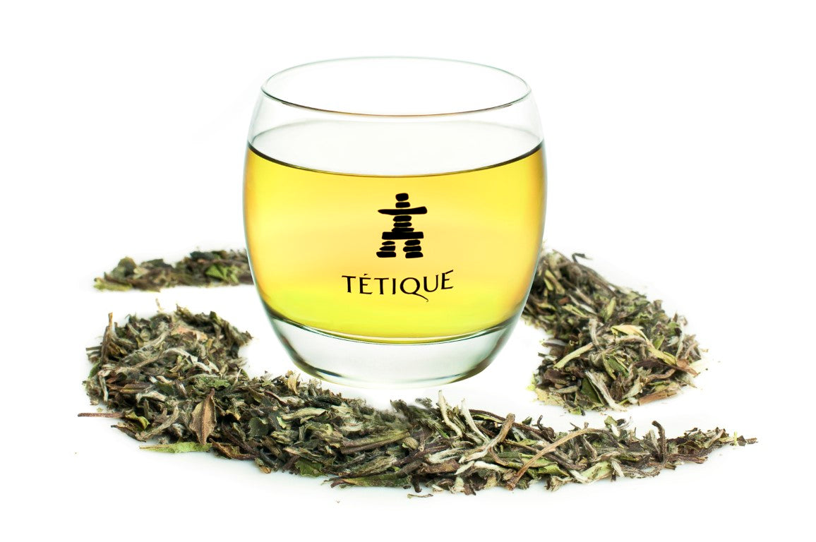 Té Blanco Pai Mu Tan BIO en vaso con infusión y hojas secas alrededor.