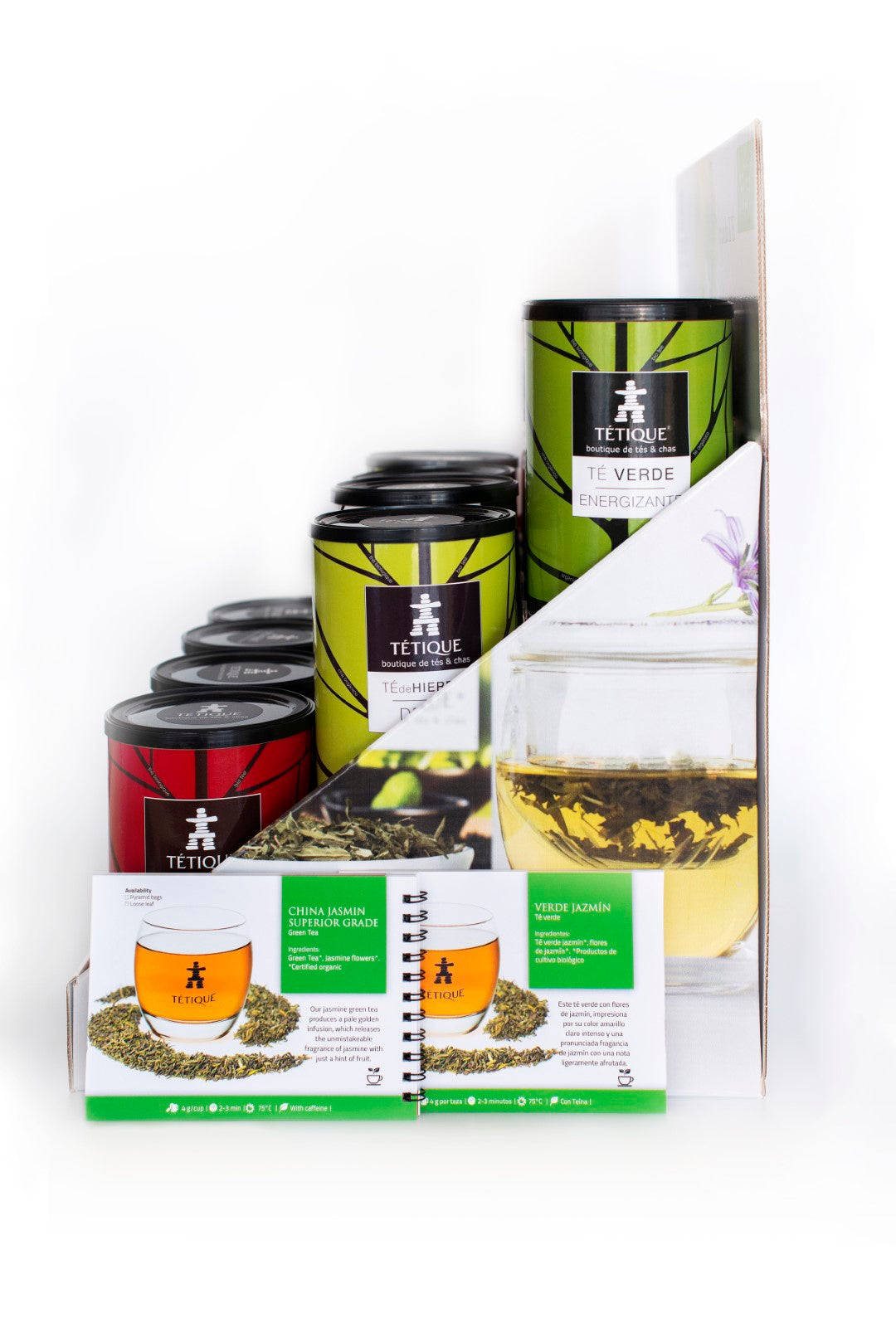 Expositor de Tés "Tétique - cuidaTé" sobremesa con tés ecológicos en latas y guía de preparación.