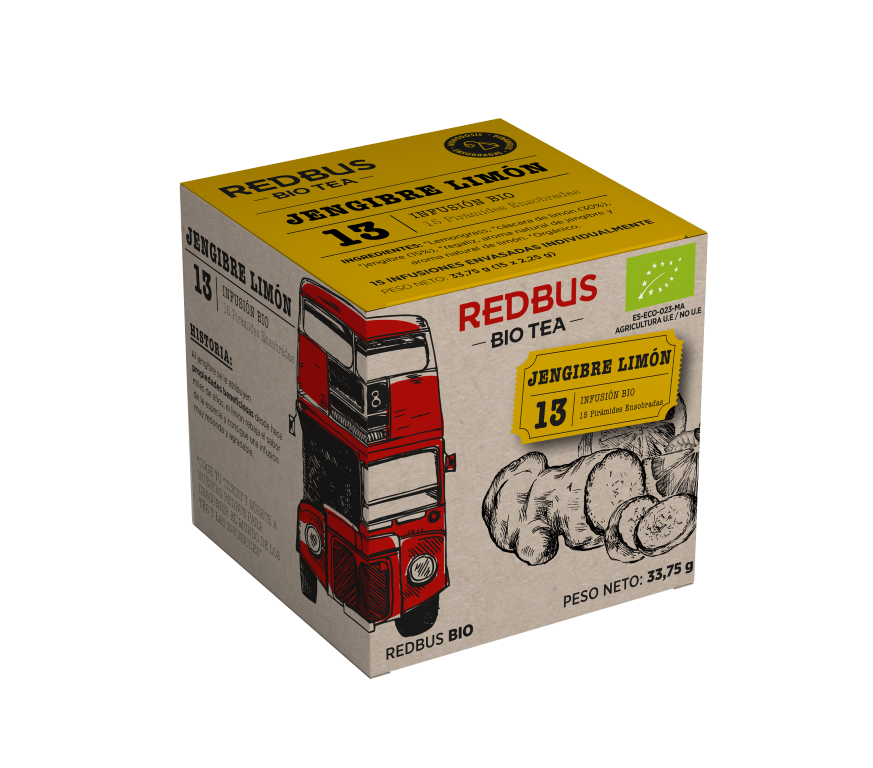 Infusión de jengibre con limón BIO, caja de 13 unidades de té Redbus con propiedades saludables.