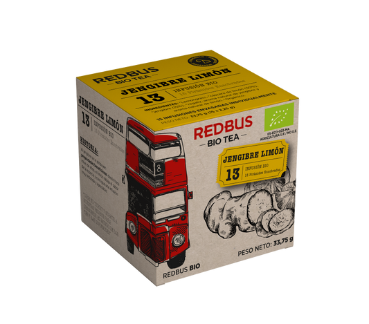 Infusión de jengibre con limón BIO, caja de 13 unidades de té Redbus con propiedades saludables.