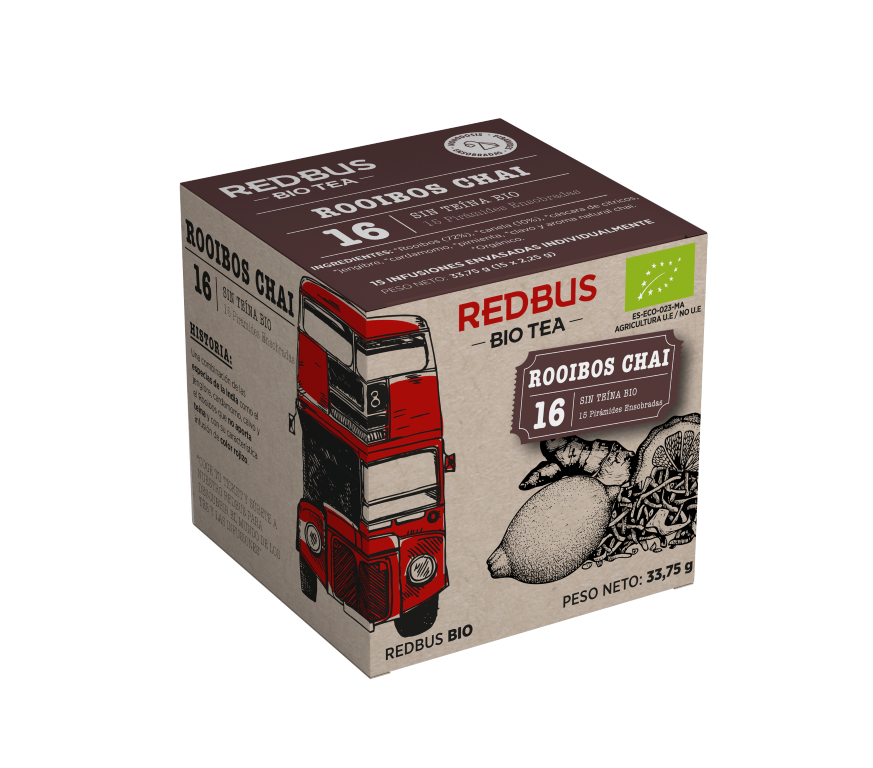 Infusión de Rooibos Chai orgánico, caja de té con 16 sobres de rooibos chai bio, 33.75 g.