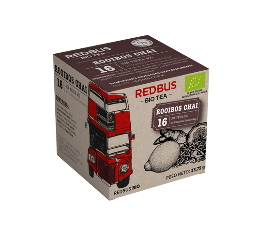 Infusión de Rooibos Chai orgánico, caja de té con 16 sobres de rooibos chai bio, 33.75 g.