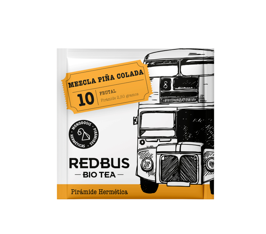 Paquete de infusión de piña colada, mezcla de sabores tropicales.