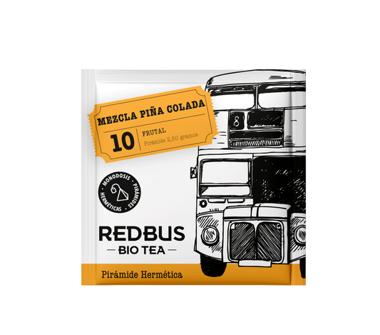 Paquete de infusión de piña colada, mezcla de sabores tropicales.