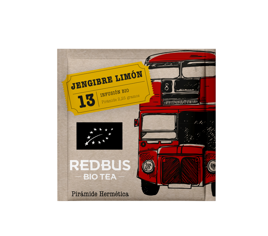 Infusión de jengibre con limón bio en pirámide hermética de Redbus, 13 unidades, diseño vintage de autobús.
