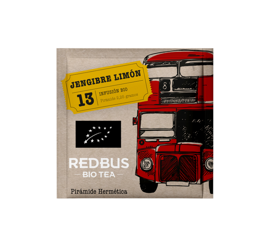 Infusión de jengibre con limón bio en pirámide hermética de Redbus, 13 unidades, diseño vintage de autobús.