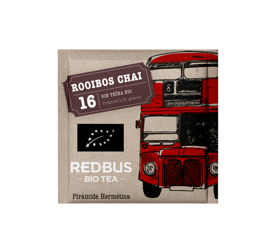 Infusión de Rooibos Chai orgánico, 16 sobres, sin cafeína, en envoltura de diseño vintage.