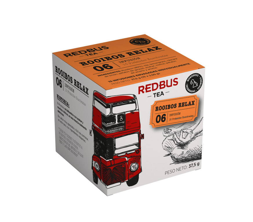 Caja de Infusión Rooibos Relajante, 15 bolsas, sabor a rooibos y ingredientes relajantes.