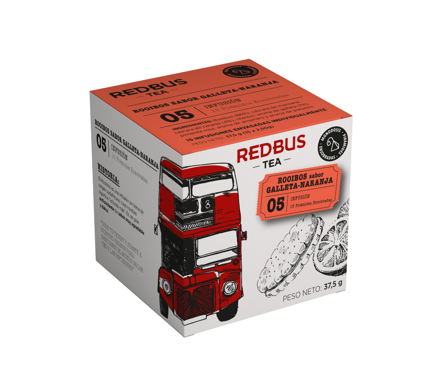 Infusión Rooibos sabor Galleta Naranja en caja de 15 unidades, con ilustración galletas.