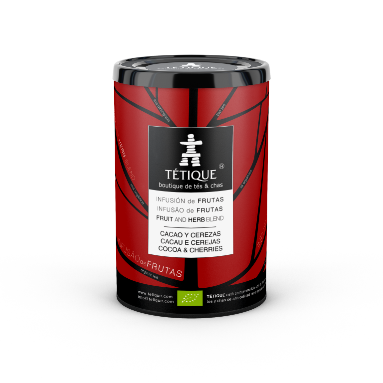 Infusión de frutas con cacao y cereza bio al granel, 200 gr. de Tétique, envase rojo con diseño moderno.