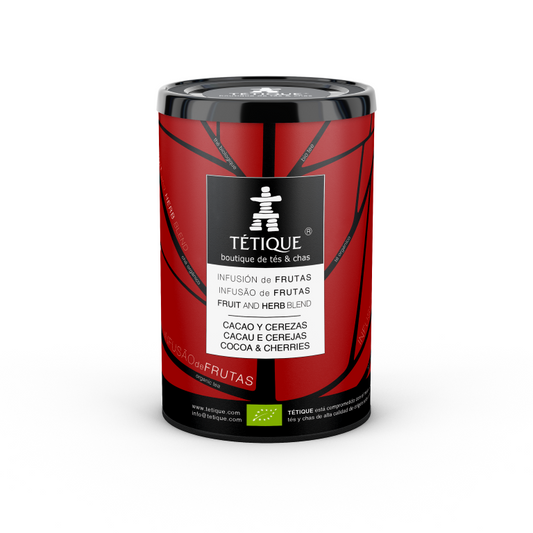 Infusión de frutas con cacao y cereza bio al granel, 200 gr. de Tétique, envase rojo con diseño moderno.