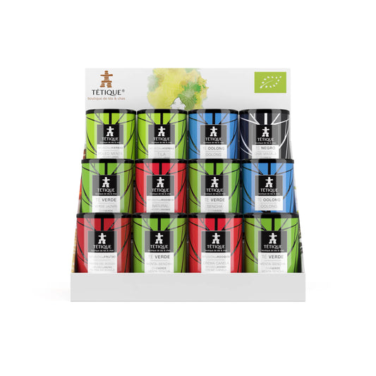 Pack de Tés ecológicos en píramides, 12 variedades en atractivo exhibidor de té ecológico.