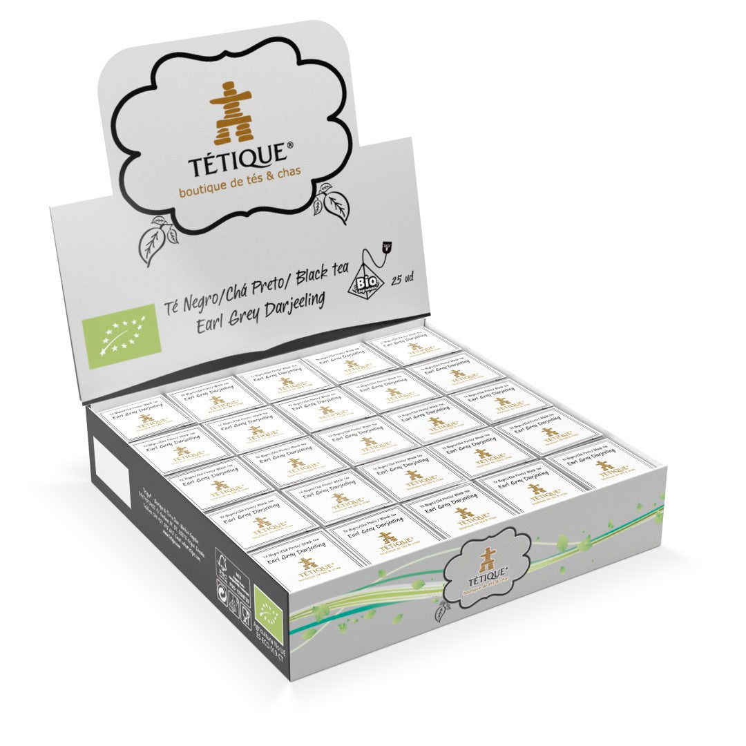 Té negro earl grey darjeeling a granel, Caja expositora de tés ecológicos de tipo sabor