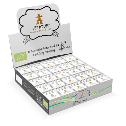 Té negro earl grey darjeeling a granel, Caja expositora de tés ecológicos de tipo sabor