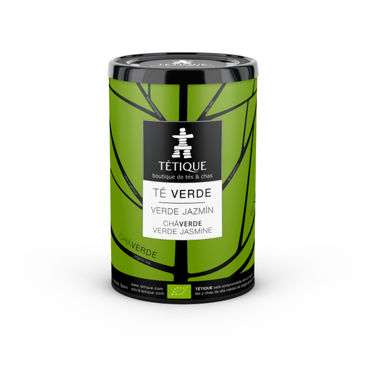 Té Verde Jazmín biológico en envase verde elegante de Tétique, ideal para hostelería con 45 bolsitas individuales.
