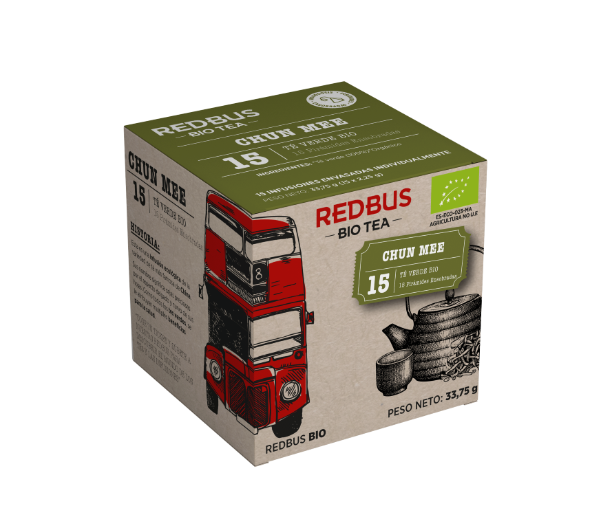 Té verde Chun Mee BIO, caja de 15 unidades, marca Redbus, té ecológico de alta calidad.