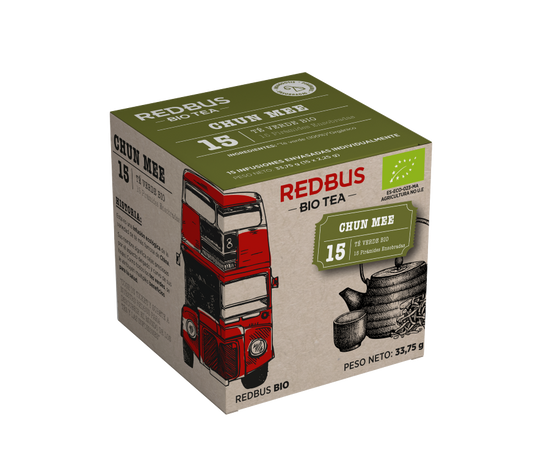 Té verde Chun Mee BIO, caja de 15 unidades, marca Redbus, té ecológico de alta calidad.