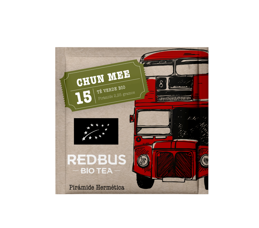 Té verde Chun Mee BIO, 15 ud, en empaque con ilustración de autobús rojo de Londres.