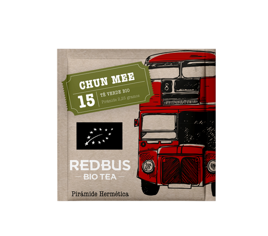 Té verde Chun Mee BIO, 15 ud, en empaque con ilustración de autobús rojo de Londres.