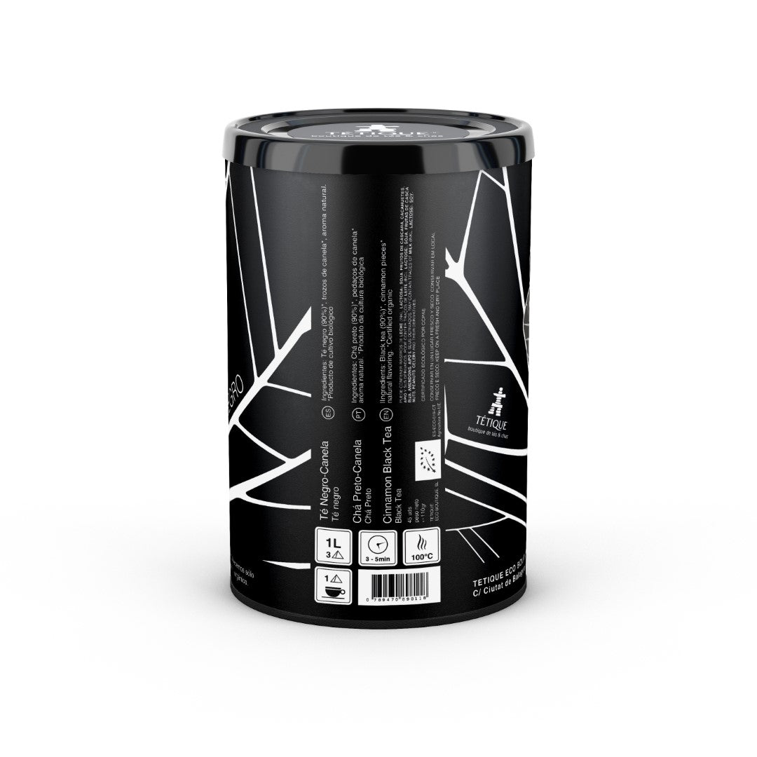 Té Negro Canela ecológico a granel, envase de 285 gr con diseño moderno y etiquetas informativas.