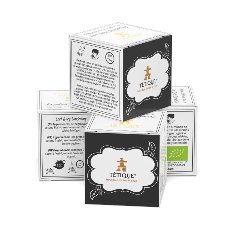 Envase monodosis de Earl Grey Darjeeling BIO de Tétique, con información sobre el té y certificación biológica.