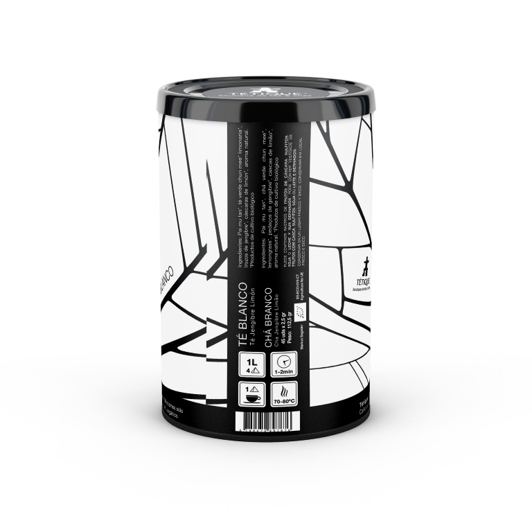 Envase de Té Blanco Jengibre-Limón biológico, 45 bolsitas individuales, diseño moderno y elegante.