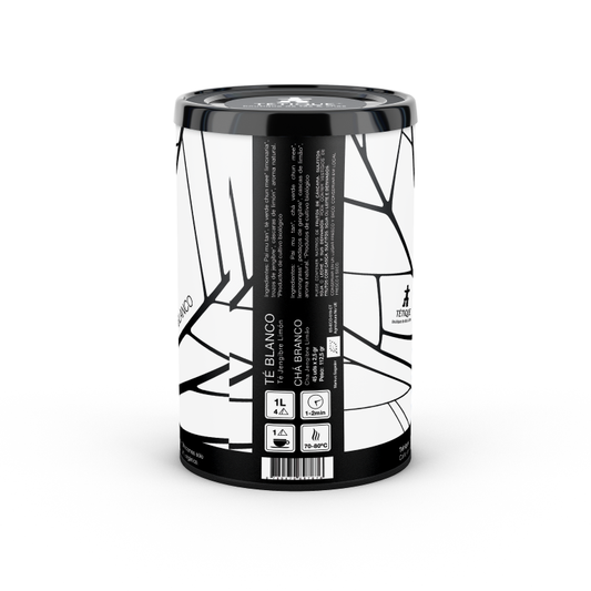 Envase de Té Blanco Jengibre-Limón biológico, 45 bolsitas individuales, diseño moderno y elegante.
