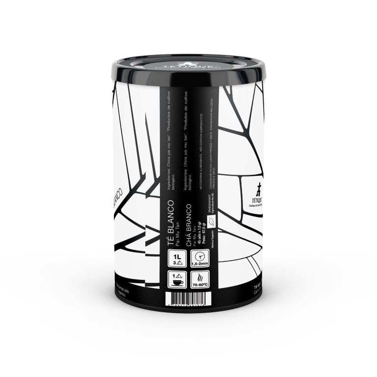 Té Blanco Pai Mu Tan BIO en envase ecológico con diseño elegante y etiqueta informativa