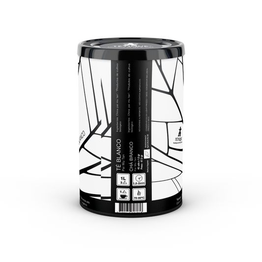 Té Blanco Pai Mu Tan BIO en envase ecológico con diseño elegante y etiqueta informativa