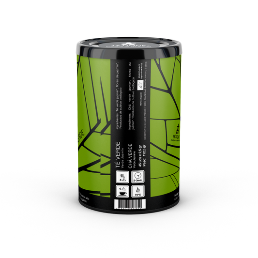 Envase de Té Verde Jazmín biológico, 45 bolsitas individuales, diseño moderno con hojas verdes.