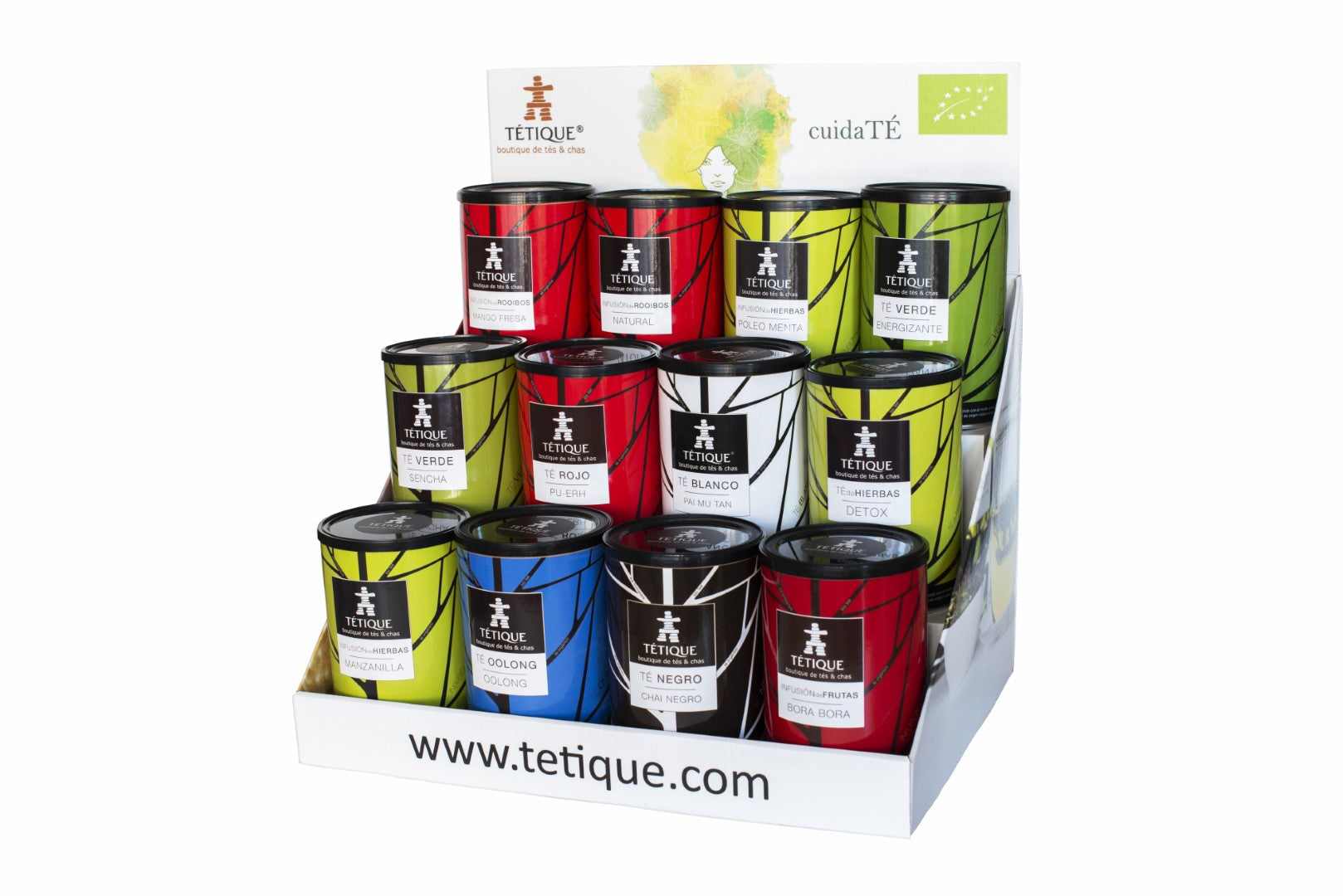 Expositor de Tés "Tétique - cuidaTÉ" sobremesa con 12 latas de tés ecológicos variados.