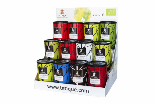 Expositor de Tés "Tétique - cuidaTÉ" sobremesa con 12 latas de tés ecológicos variados.