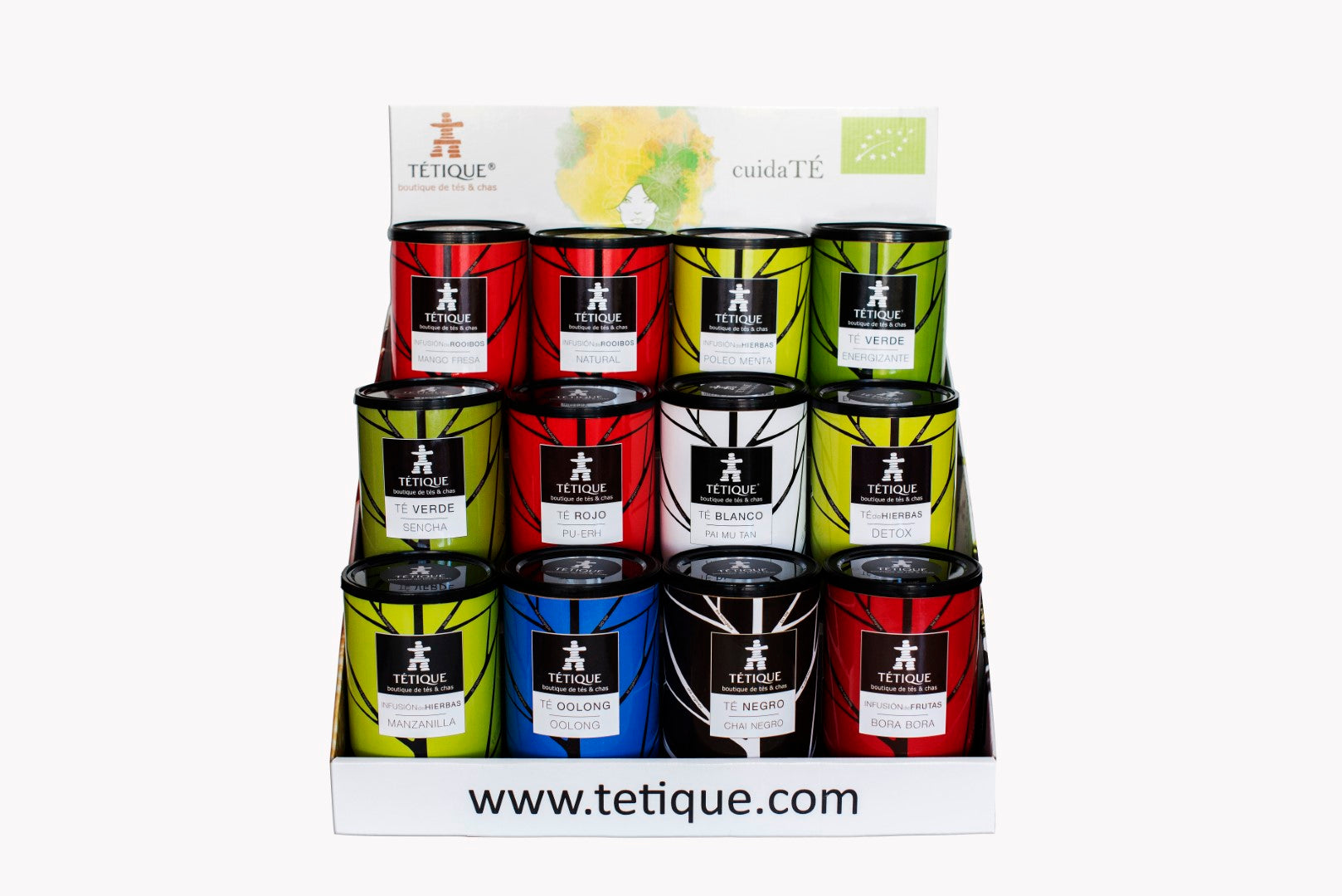 Expositor de Tés "Tétique - cuidaTÉ" sobremesa con 12 latas de diferentes tés ecológicos.