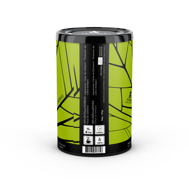 Infusión de Hojas de Cáñamo BIO al granel, 170 gr, envase con diseño de hojas verdes.