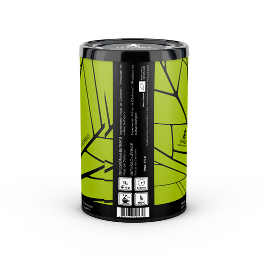 Infusión de Hojas de Cáñamo BIO al granel, 170 gr, envase con diseño de hojas verdes.