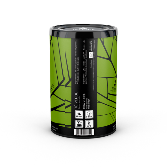 Té Verde Jazmín biológico a granel, lata de 275 gramos con decoración de hojas verdes.