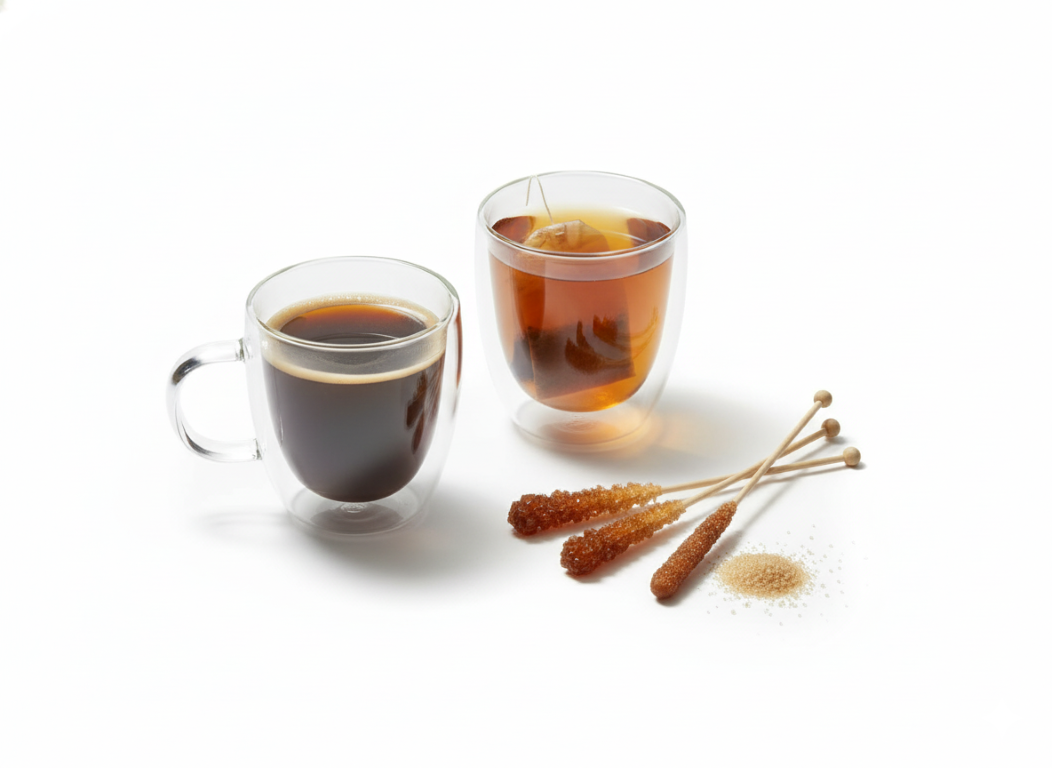 Caja de palitos de azúcar moreno junto a tazas de café y té.