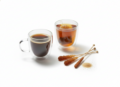 Caja de palitos de azúcar moreno junto a tazas de café y té.
