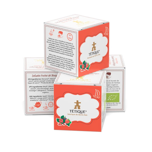 Cajas con monodosis de té ecológico frutos del bosque Tétique